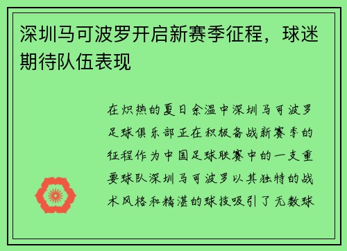 深圳马可波罗开启新赛季征程，球迷期待队伍表现